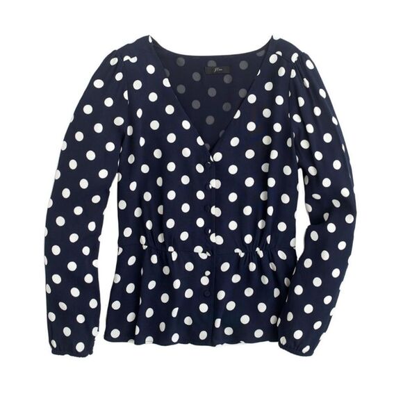 J. Crew Navy Blue White Polka Dot Crepe V Neck Button Front Peplum Blouse - Picture 3 of 16